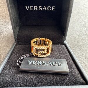 Versace Greca Gold Ring with Crystal Accents